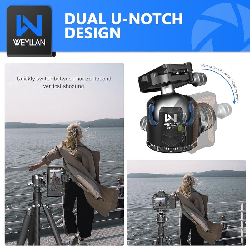 WEYLLAN Tripod Head 44mm Low Profile Ball Head, DH44 360 Degree Metal Panoramic Camera Ball Head Mount with Two Quick Release Plates, Arca Ballhead for Tripod Monopod DSLR Camera Max Load 55lbs/25kg - Image 4